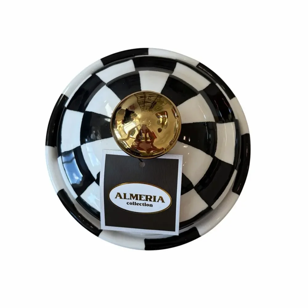 Almeria Checkered Ceramic Canister w/ Lid Black & White 8.5x6 NEW